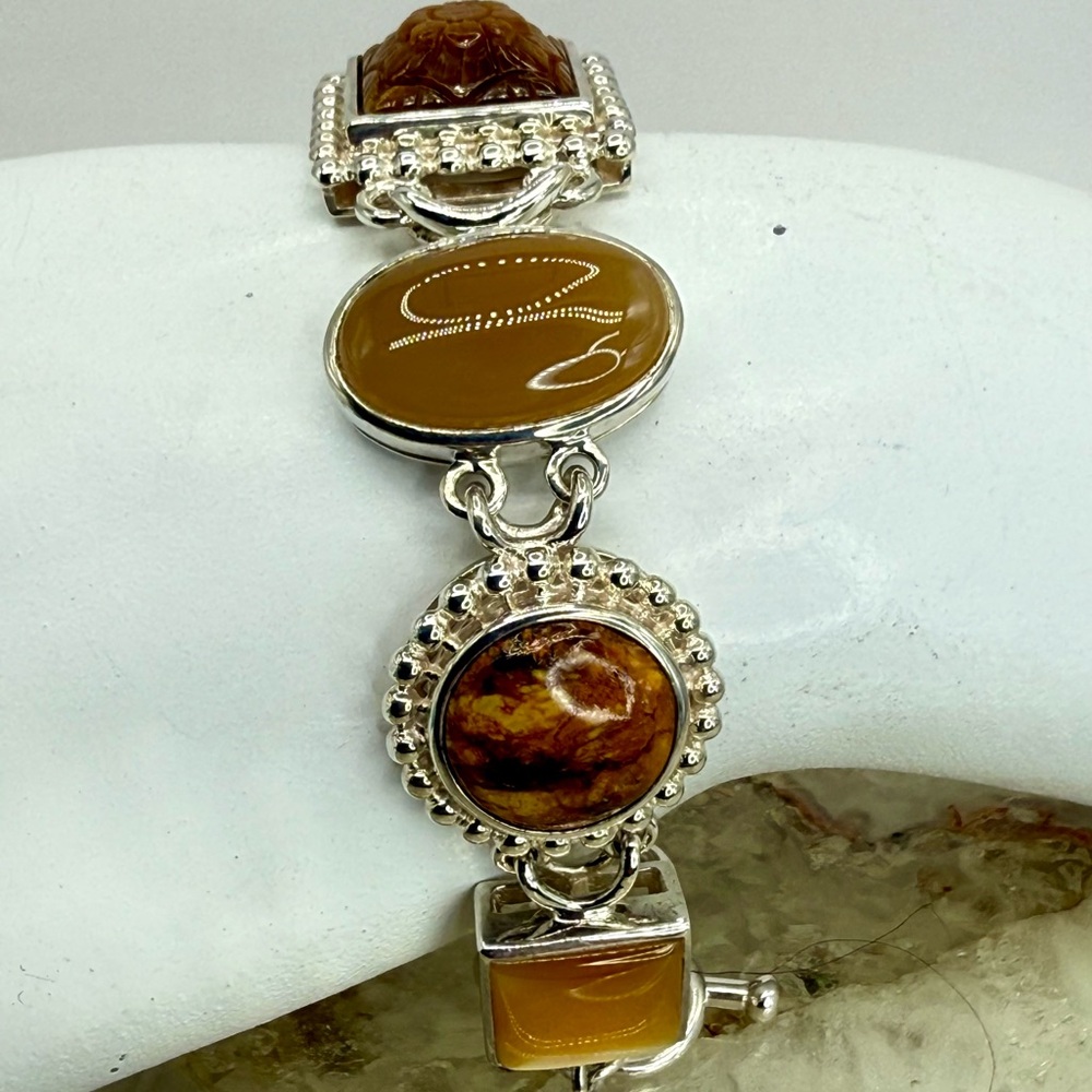 Whitney Kelly Sterling Silver Tiger’s Eye Jasper MOP Link Toggle Bracelet 7” - Picture 12 of 17